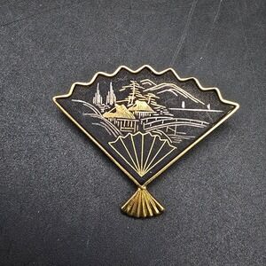 Vintage Amita Damascene Fan Brooch Black Gold Tone Asian Theme